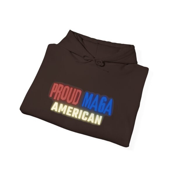 Brown "Proud MAGA American" hoodie with vibrant red, blue, and yellow lettering. A bold and patriotic statement piece for supporters of America.