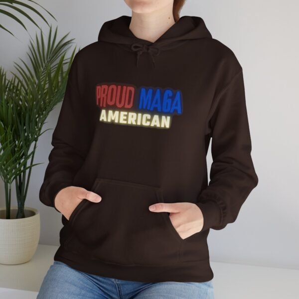 Black Proud MAGA American hoodie with bold red, white, and blue text. A conservative statement sweatshirt for rallies, casual wear, and everyday American pride.