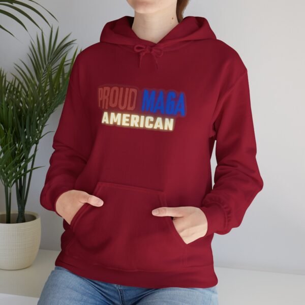 Red "Proud MAGA American" hoodie featuring bold patriotic text in red, white, and blue. A stylish and comfortable way to showcase American pride.