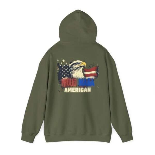 Back view of the military green Proud MAGA American hoodie featuring a patriotic eagle with an American flag backdrop. Ideal for conservative Americans, rallies, and everyday wear.