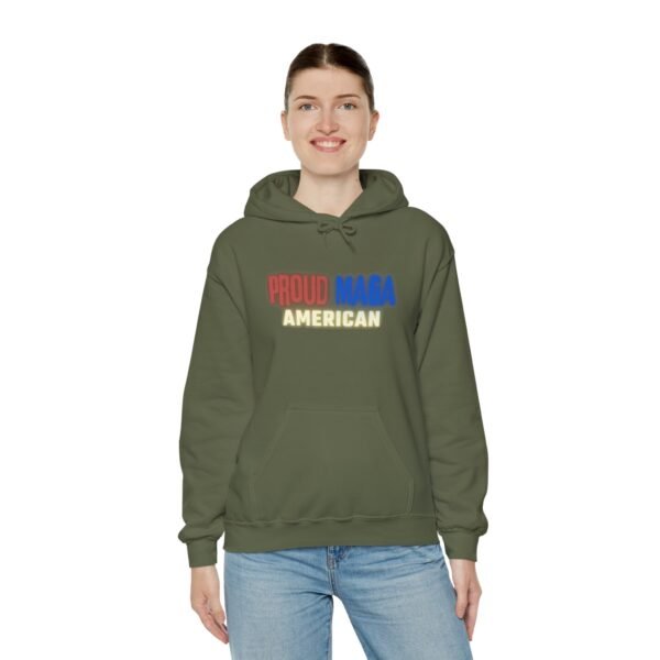 Female model wearing a military green Proud MAGA American hoodie with bold red, white, and blue text. A perfect patriotic sweatshirt for conservative women, rallies, and casual wear.