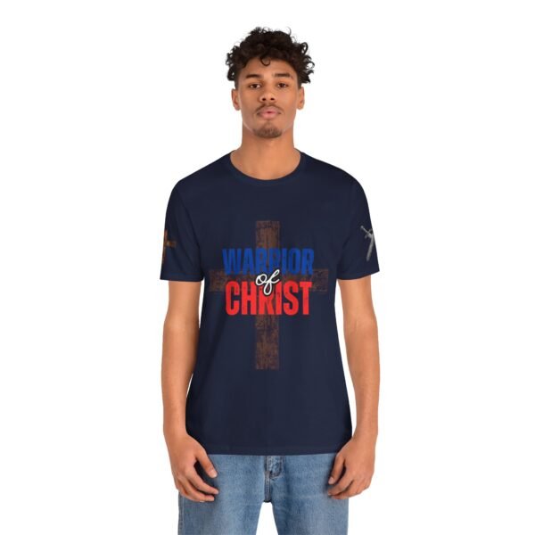 Navy blue Warrior of Christ T-shirt featuring a bold rustic cross and red, white, and blue lettering, symbolizing faith, strength, and American values.