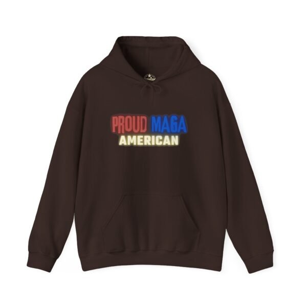 Brown "Proud MAGA American" hoodie with red, white, and blue patriotic lettering. Cozy and bold conservative apparel for American patriots.