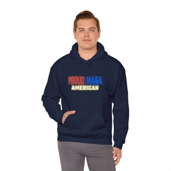 Navy blue "Proud MAGA American" hoodie with bold red, blue, and yellow text on the front, designed for patriotic Americans.