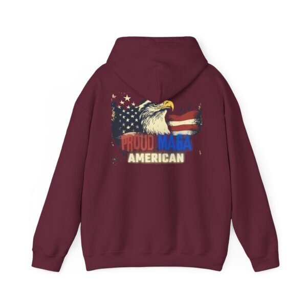 Burgundy "Proud MAGA American" hoodie showcasing an eagle and American flag graphic on the back, with bold red, blue, and yellow text.