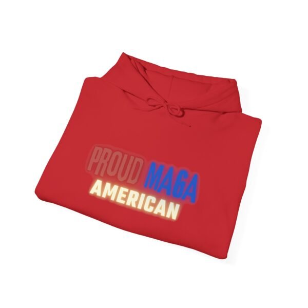 Flat lay of the Proud MAGA American hoodie in red. This patriotic hoodie features bold red, white, and blue text, designed for conservative Americans who want to showcase their values. Perfect for casual wear, political events, and everyday comfort.