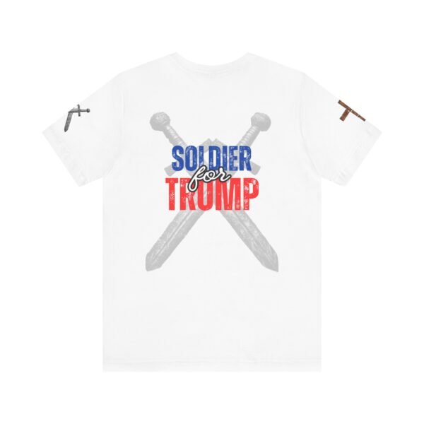 White "Soldier for Trump" T-shirt with crossed medieval swords and bold red, white, and blue lettering. Patriotic conservative apparel for Trump supporters.