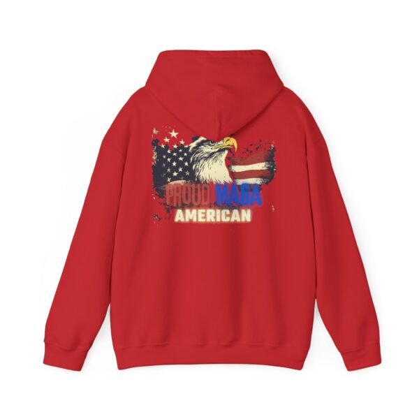 Back view of the Proud MAGA American hoodie in red, featuring a bold eagle and American flag design with distressed detailing. A must-have patriotic sweatshirt for conservatives who stand for freedom and MAGA values.