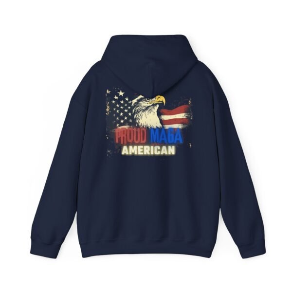 Navy blue "Proud MAGA American" hoodie with an eagle graphic and the American flag design on the back. Bold red, blue, and yellow text with a vintage distressed look.