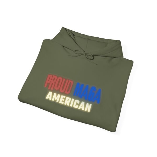 Folded military green Proud MAGA American hoodie with bold red, white, and blue lettering. A patriotic sweatshirt perfect for conservatives, rallies, and casual wear.