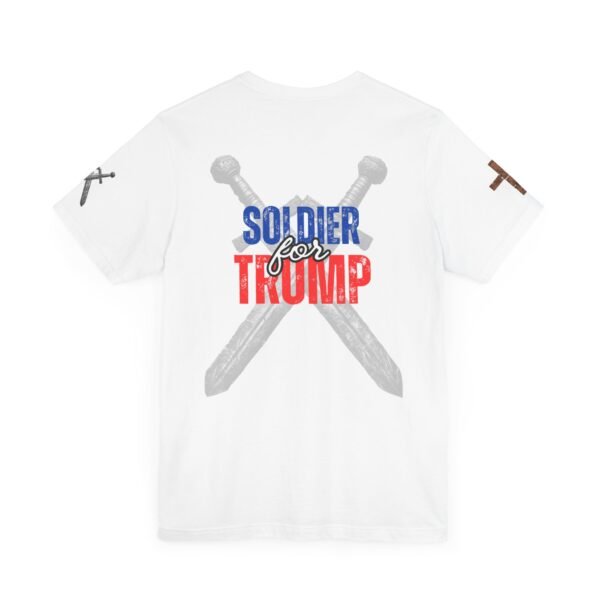 White "Soldier for Trump" T-shirt with distressed crossed swords design in red, white, and blue. Patriotic conservative apparel for American pride.