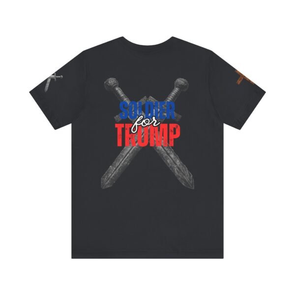 Black "Soldier for Trump" T-shirt featuring two crossed medieval swords with bold red, white, and blue lettering. Patriotic pro-Trump apparel for conservatives.