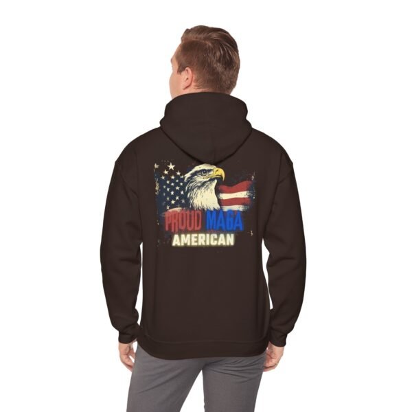 Black "Proud MAGA American" hoodie featuring an eagle and American flag design. A bold, patriotic statement hoodie for conservatives and true patriots.