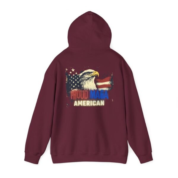 Burgundy "Proud MAGA American" hoodie with eagle graphic and American flag on the back, featuring vibrant red, blue, and yellow text.