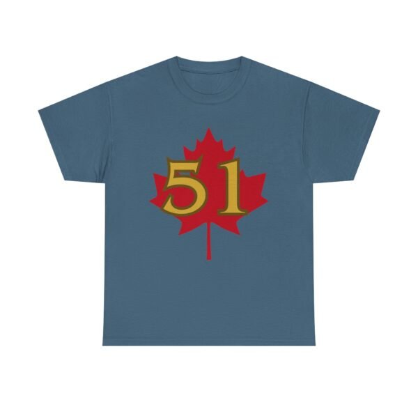 Blue t-shirt featuring bold red 51st state design over a maple leaf background.