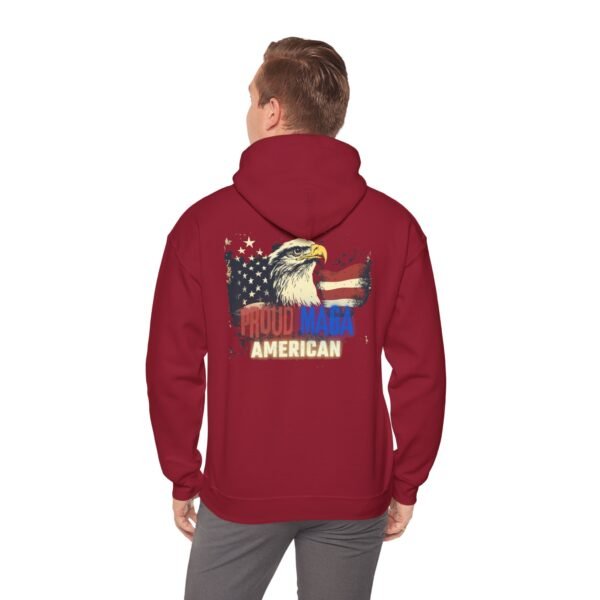 Back view of a red "Proud MAGA American" hoodie featuring a bold American flag and eagle design. A patriotic hoodie that symbolizes strength, freedom, and conservative values.