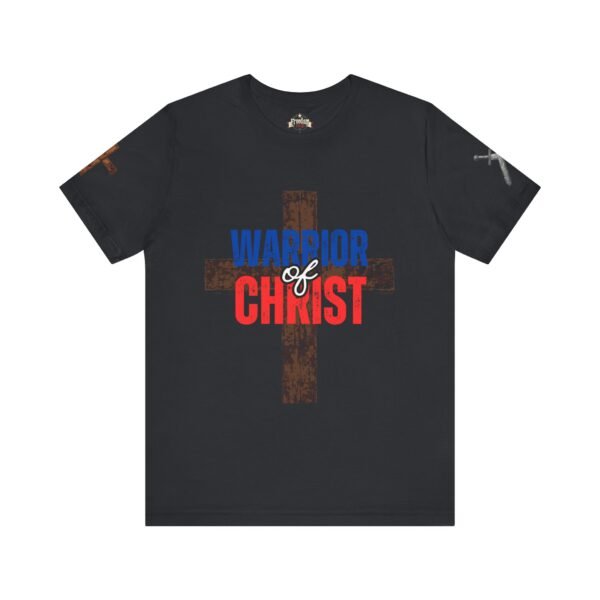 Black "Warrior of Christ" T-shirt featuring a distressed brown cross and bold red, white, and blue lettering. Faith-based Christian apparel for devoted believers.