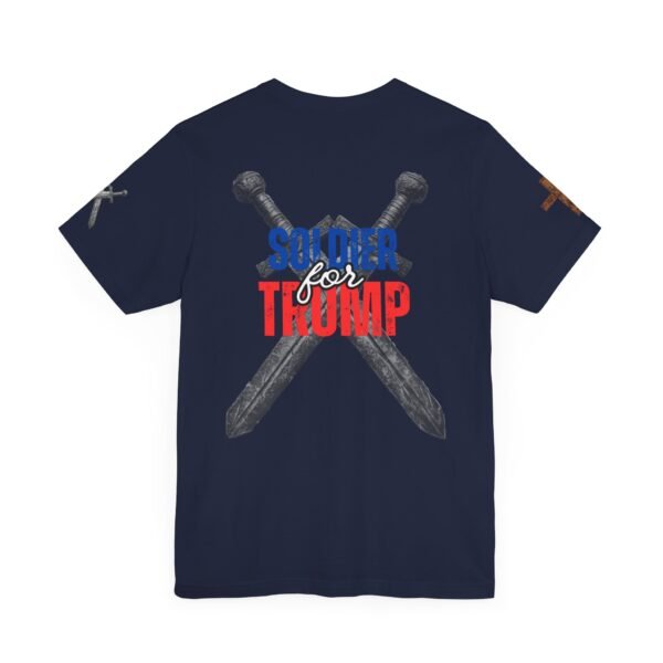 Navy blue Soldier for Trump T-shirt featuring crossed medieval swords and bold patriotic red, white, and blue lettering, symbolizing strength and conservative values.