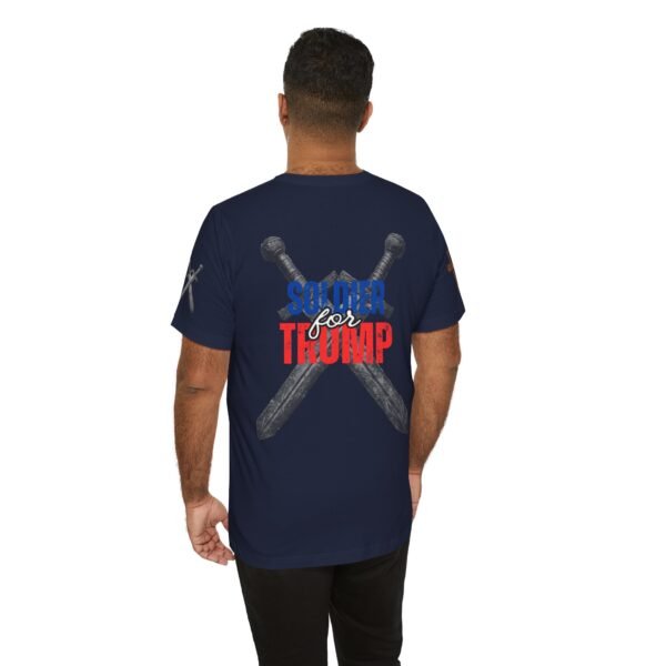 Navy blue Soldier for Trump T-shirt featuring crossed medieval swords with bold patriotic red, white, and blue lettering, symbolizing strength and loyalty.