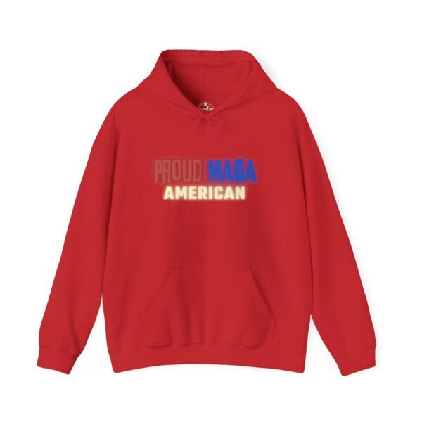 Front view of the Proud MAGA American hoodie in vibrant red. This patriotic sweatshirt features bold lettering in red, white, and blue, making it perfect for conservatives who support American values and freedom.