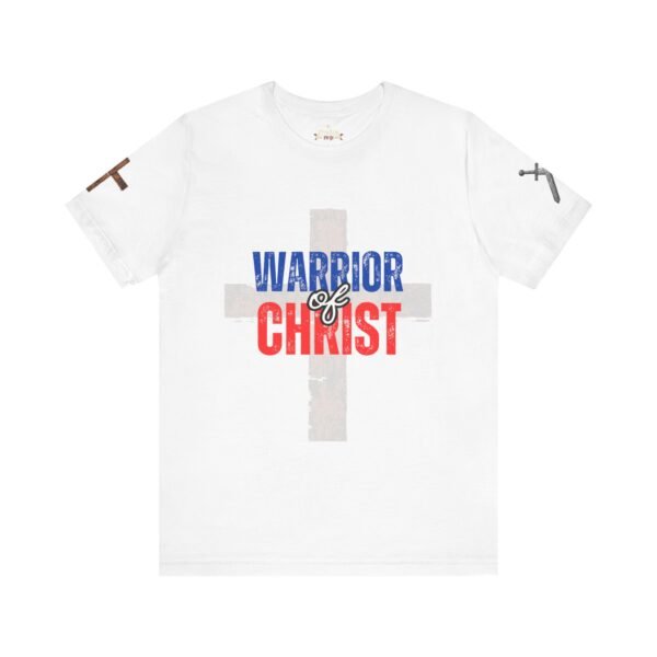 White "Warrior of Christ" T-shirt with a distressed cross and bold red, white, and blue lettering. Christian faith-based patriotic apparel.