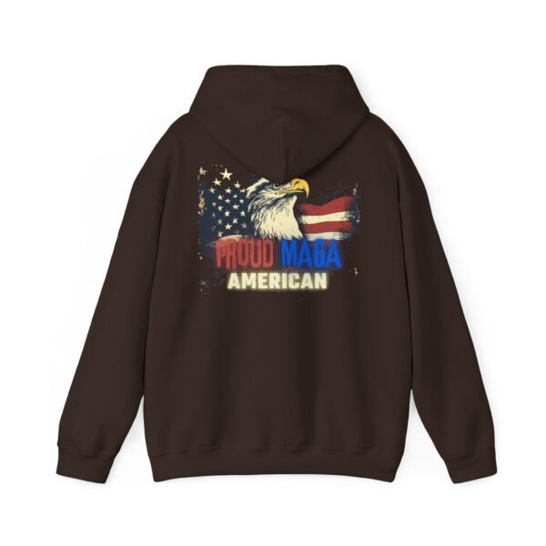 Dark brown "Proud MAGA American" hoodie with eagle and American flag graphic, featuring bold red, blue, and yellow text.