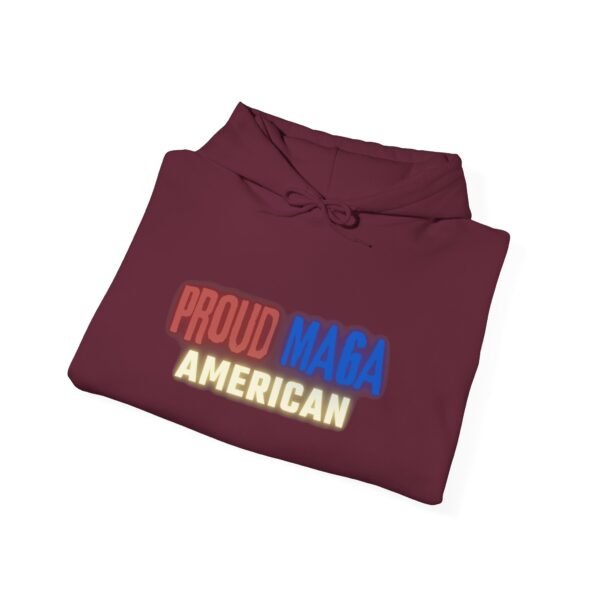 Burgundy "Proud MAGA American" hoodie featuring vibrant red, blue, and yellow text on the front, highlighting the patriotic message.