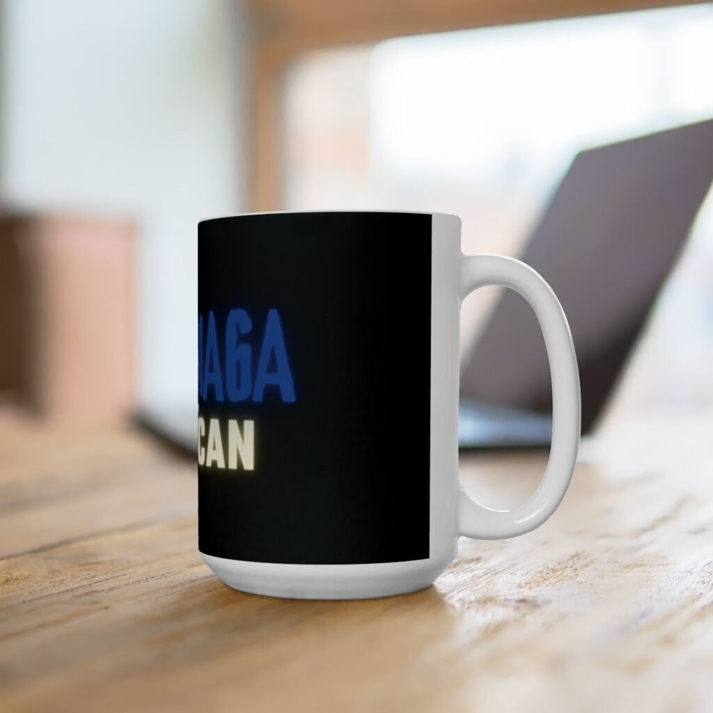 Black and white ceramic mug with a "Proud MAGA American" text design in blue and yellow, perfect for expressing patriotism with every sip.