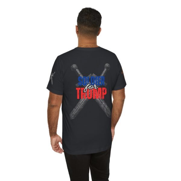 Black "Soldier for Trump" T-shirt featuring crossed medieval swords, bold red, white, and blue lettering, and patriotic design for conservative supporters.