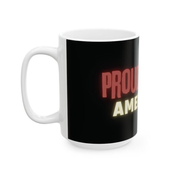 Black ceramic mug with "Proud MAGA American" text in bold red, blue, and yellow.