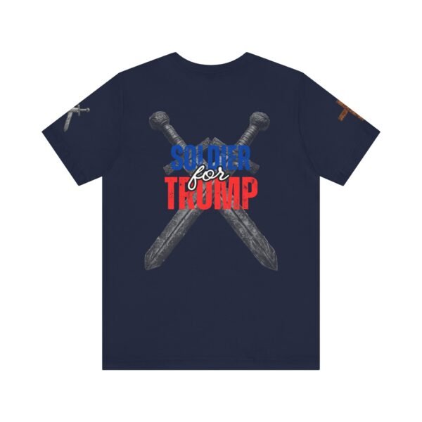 Navy blue "Soldier for Trump" T-shirt featuring crossed medieval swords, bold patriotic red and blue lettering, and rugged conservative apparel design.