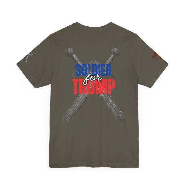 Olive green "Soldier for Trump" T-shirt with crossed medieval swords and bold red, white, and blue lettering. Patriotic pro-Trump apparel for conservatives and American warriors.