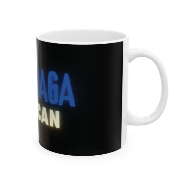 Black ceramic "Proud MAGA American" mug featuring bold red, blue, and yellow text on a sleek black background.