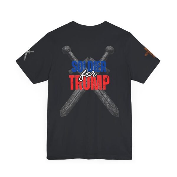 Black "Soldier for Trump" T-shirt featuring crossed medieval swords with bold red, white, and blue text. A patriotic and warrior-themed pro-Trump design.