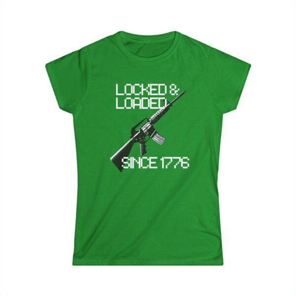 Green t-shirt with white "Locked & Loaded Since 1776" graphic featuring a rifle design.