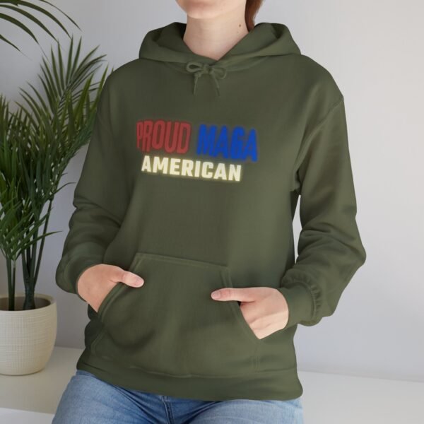 Front view of military green Proud MAGA American hoodie featuring bold red, white, and blue text. A patriotic conservative sweatshirt for proud Americans.