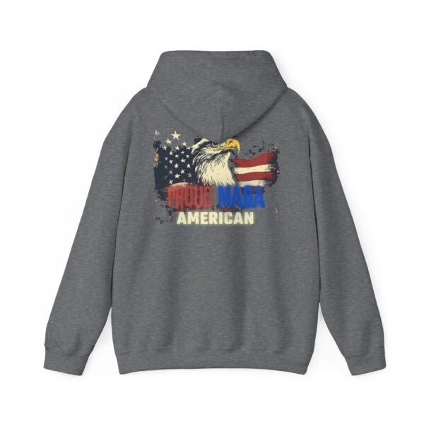 Back view of heather gray Proud MAGA American hoodie featuring an eagle, distressed American flag, and bold red, white, and blue text. A patriotic conservative sweatshirt for proud Americans.