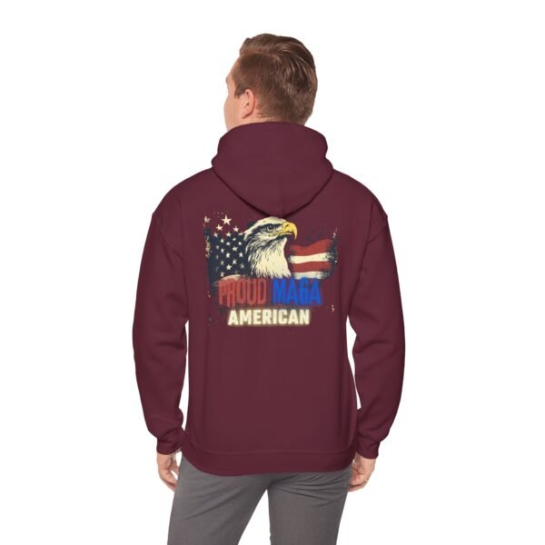 Burgundy "Proud MAGA American" hoodie with eagle and American flag graphic, featuring bold red, blue, and yellow text on the back.