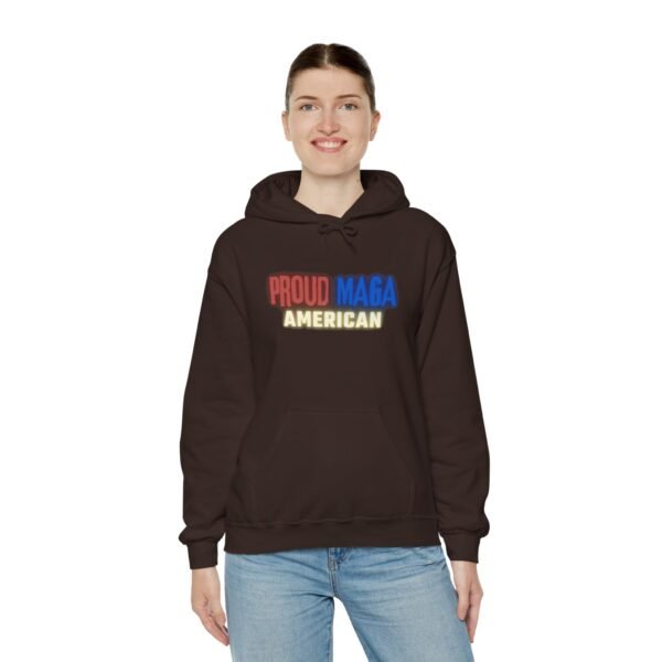 Brown "Proud MAGA American" hoodie with bold red, blue, and yellow lettering. Show off your American pride with this comfortable and patriotic hoodie for true patriots.