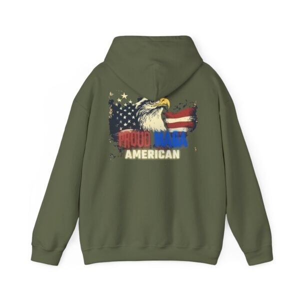 Back view of the military green Proud MAGA American hoodie featuring a bold eagle, American flag, and distressed patriotic design. Perfect for conservatives, rallies, and everyday wear.