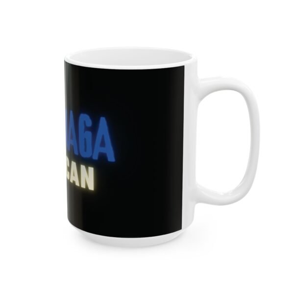 Black and white ceramic mug featuring "Proud MAGA American" text in bold red, blue, and yellow colors.