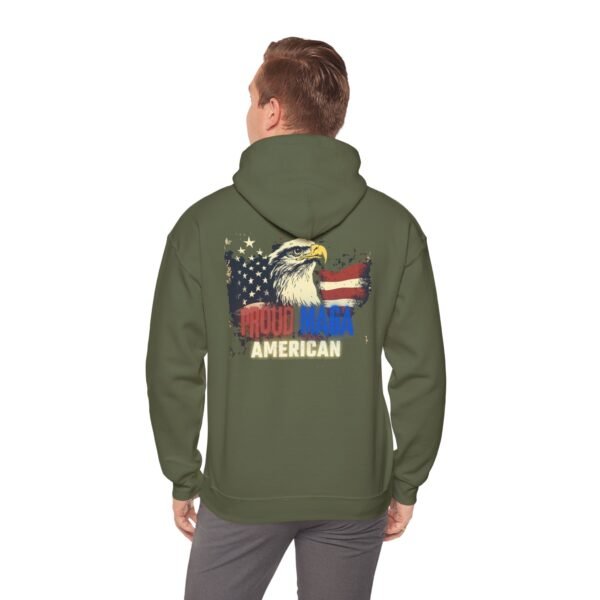 Back view of military green Proud MAGA American hoodie featuring a distressed American flag, eagle design, and bold red, white, and blue text. Perfect patriotic conservative sweatshirt.