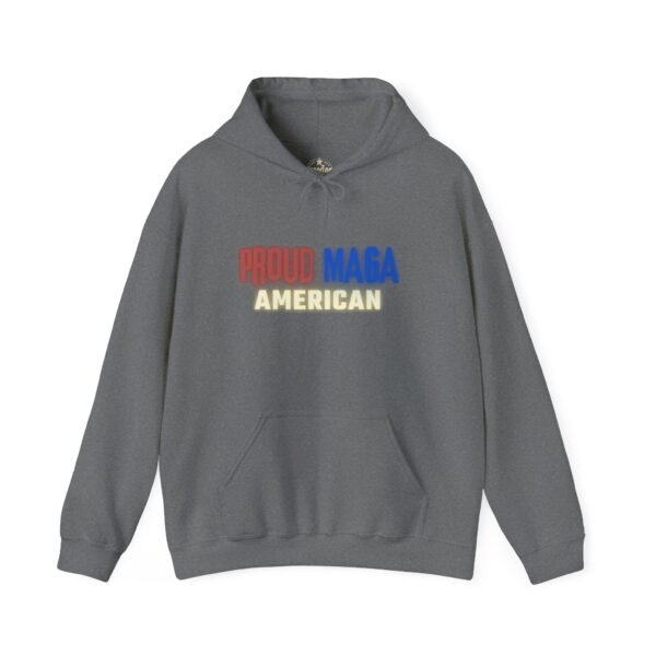 Gray "Proud MAGA American" hoodie with bold red, white, and blue patriotic lettering. A warm and stylish statement piece for conservative Americans.