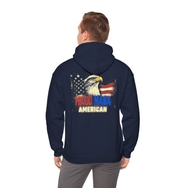 Navy blue "Proud MAGA American" hoodie featuring a bold eagle and American flag graphic on the back, with vibrant red, blue, and yellow text.