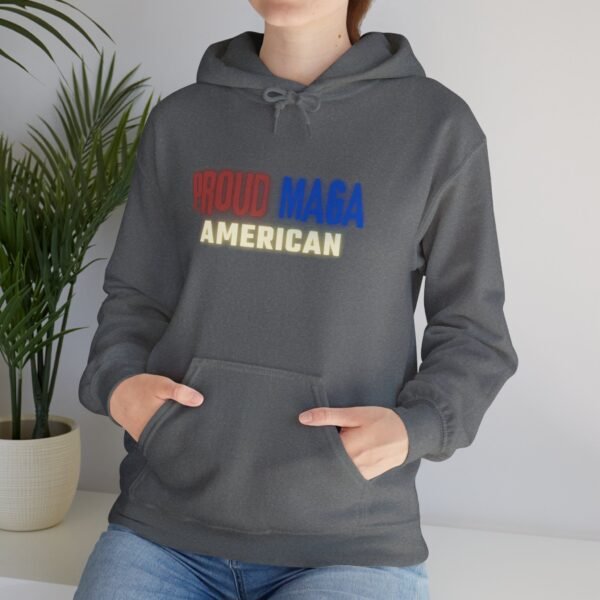 Front view of the Proud MAGA American hoodie in charcoal gray. This patriotic sweatshirt features bold red, white, and blue lettering, perfect for conservatives who stand for American values, freedom, and patriotism.