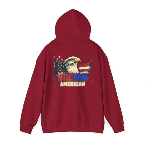 Back view of the "Proud MAGA American" hoodie in deep red, featuring a bold patriotic eagle with an American flag. A must-have for conservative patriots who wear their values with pride.