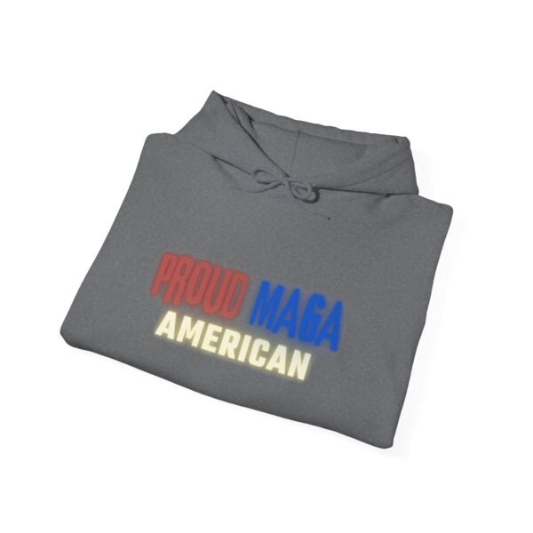 Folded dark gray Proud MAGA American hoodie, showcasing the front design with bold red, white, and blue text. A stylish and comfortable conservative sweatshirt supporting American values.