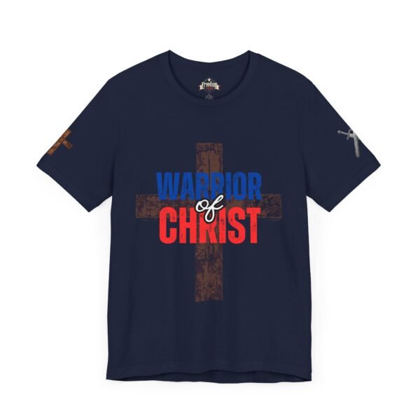 Navy blue Warrior of Christ T-shirt with a bold distressed cross, patriotic red and blue lettering, and Christian faith-inspired design for men and women.