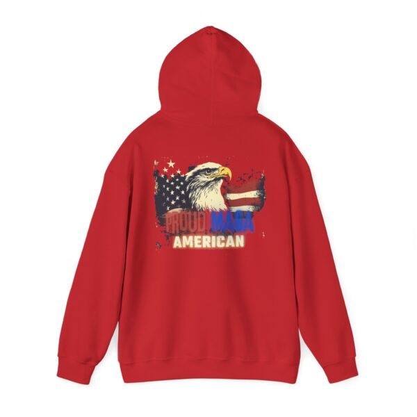 Back view of the Proud MAGA American hoodie in red, featuring a bold American flag and eagle graphic. This patriotic sweatshirt is perfect for conservatives who want to showcase their love for freedom, the USA, and MAGA values.