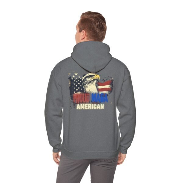 Back view of the Proud MAGA American hoodie in charcoal gray, featuring a bold distressed American flag with a soaring eagle and patriotic red, white, and blue text. A perfect sweatshirt for conservatives who take pride in American values and freedom.